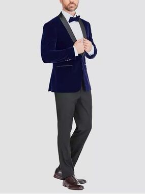 NWT Gino Vitale Men Slim Fit Velvet Shawl Lapel Tuxedo Set Blue Black Sz 44